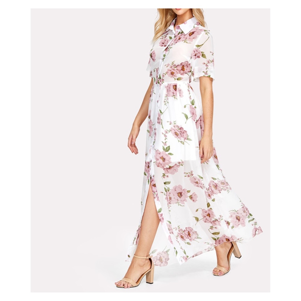 White Floral Button Down Chiffon Maxi Dress - Picture 2 of 5